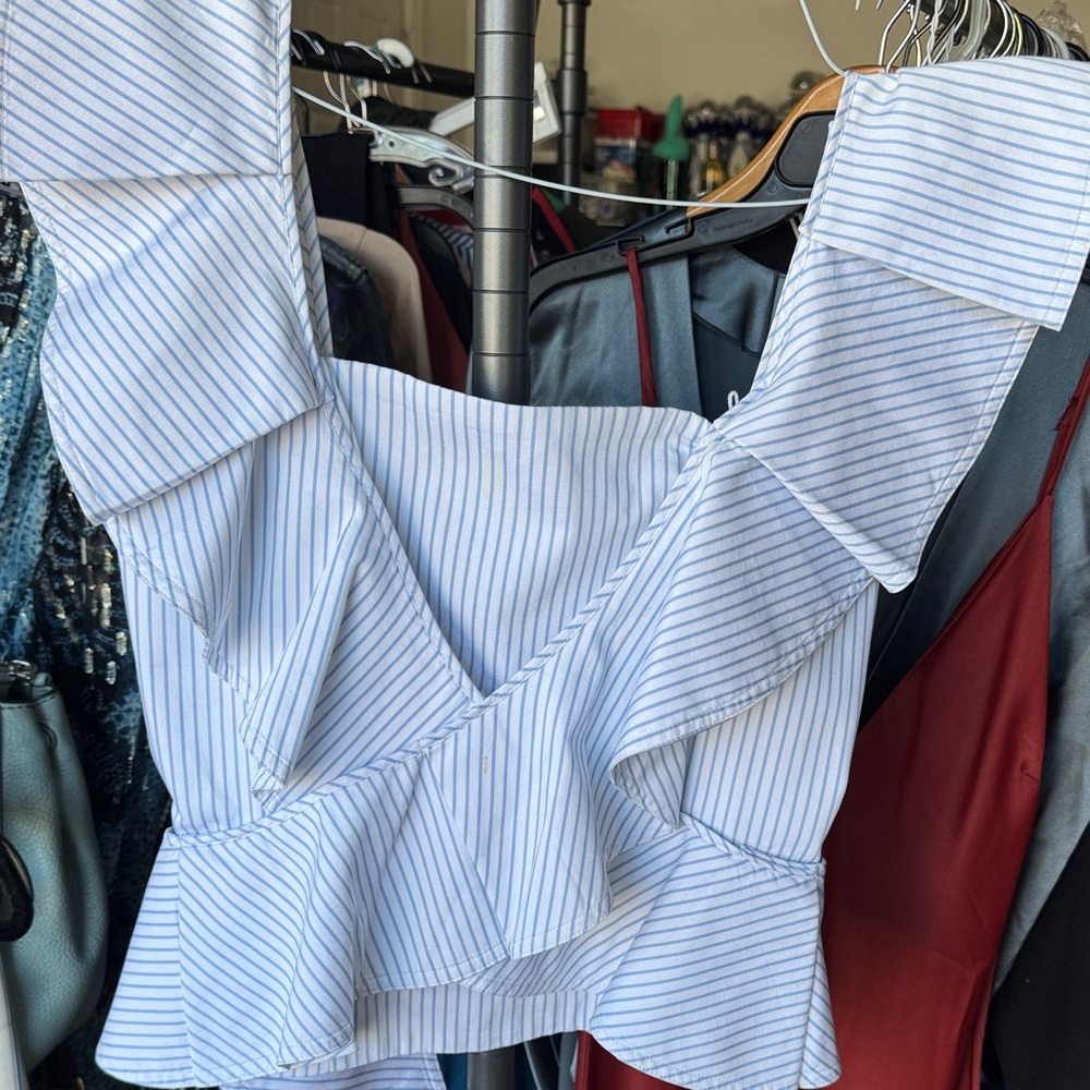 Petersyn Blue and White Striped Ruffle Blouse